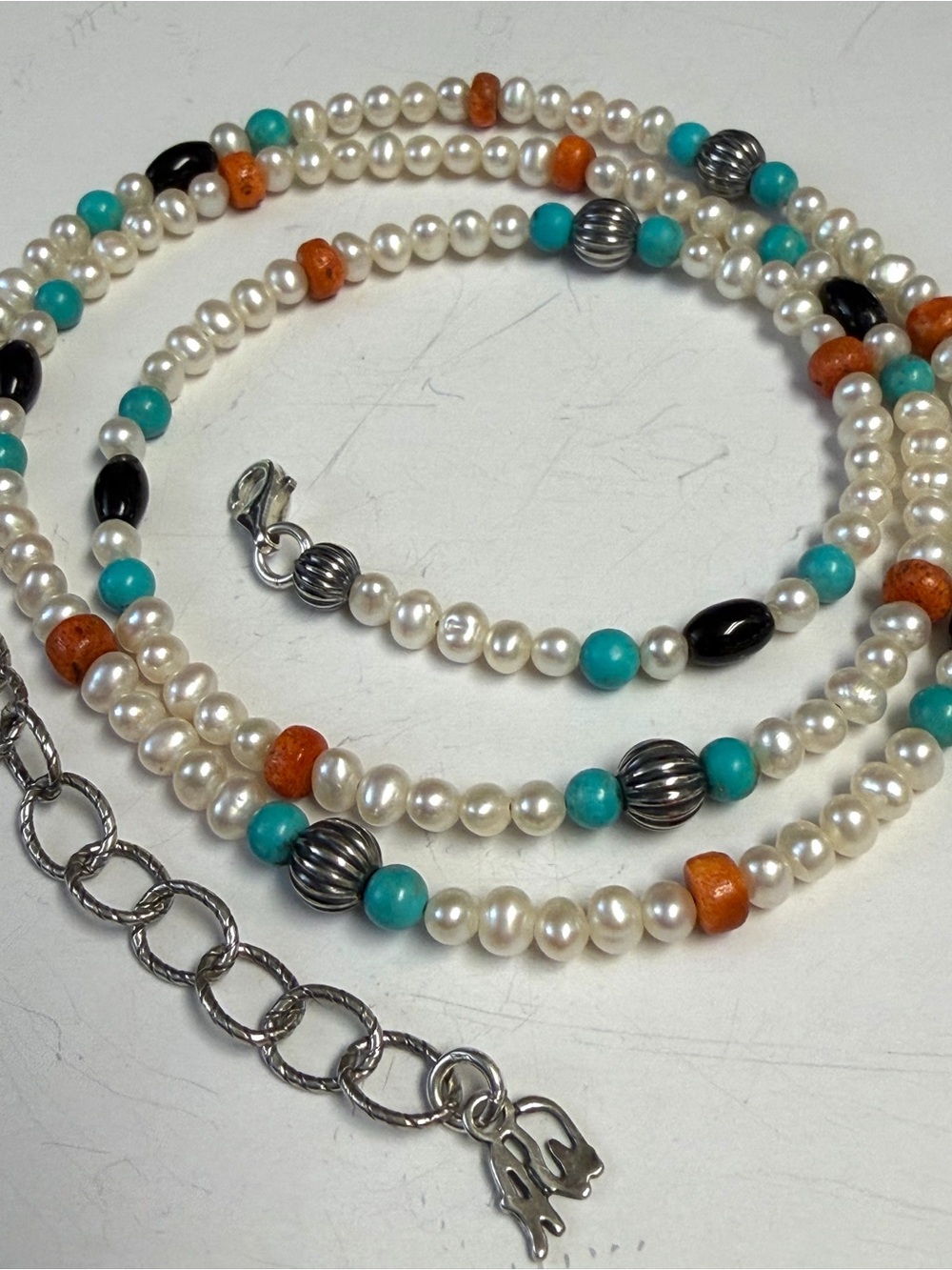 Vintage Carolyn Pollack Sterling Silver Pearl and Multi Stone Necklace - Picture 2 of 10